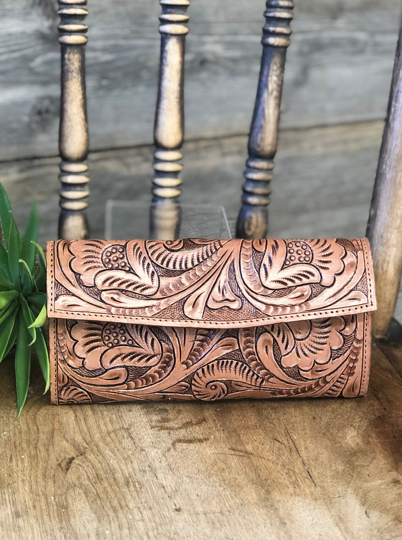 Hand Tooled Leather Women's Wallet - Brown