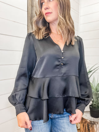 Long Sleeve V-Neck Tiered Blouse