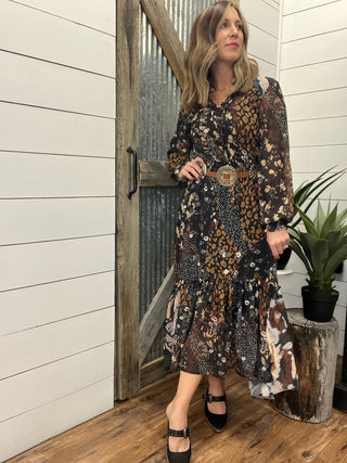 Mixed Print Drama Dress with Smocking