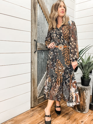 Mixed Print Drama Dress with Smocking