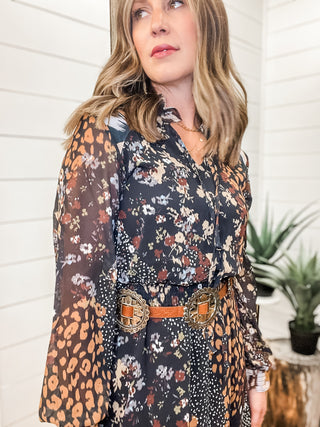 Mixed Print Drama Dress with Smocking