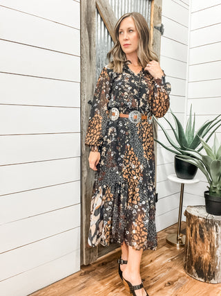 Mixed Print Drama Dress with Smocking
