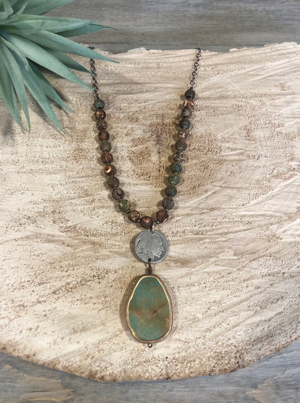 Fired Agate with Nickel & Kingman Bronze Edge Slab Necklace