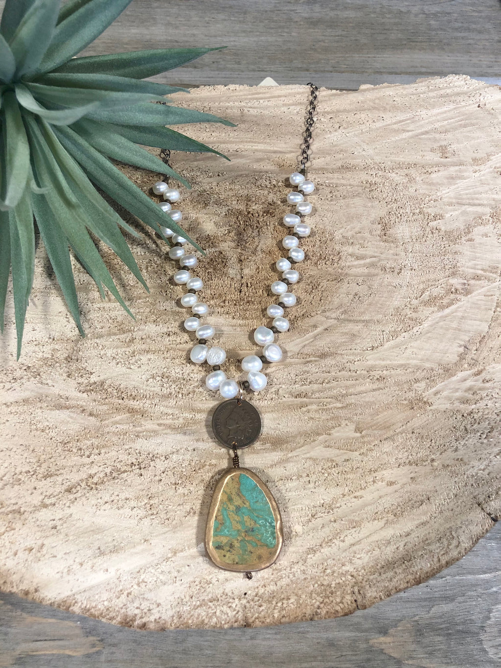 White Pearl, Indian Penny & Turquoise Drop Pendant Necklace