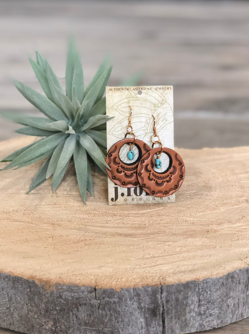 Stamped Leather Circle with Turquoise Earrings