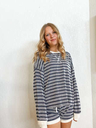 Rib Striped Pullover & Shorts Set