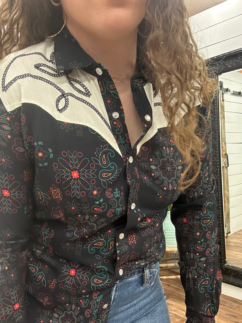 Printed Snap Shirt with Chainstitch Embroidered Yokes