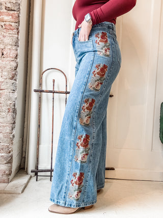 Floral Embroidered Wide Leg Jeans