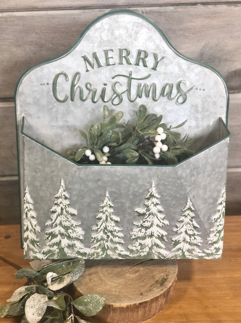 Embossed "Merry Christmas" Metal Mailbox Wall Decor with Trees