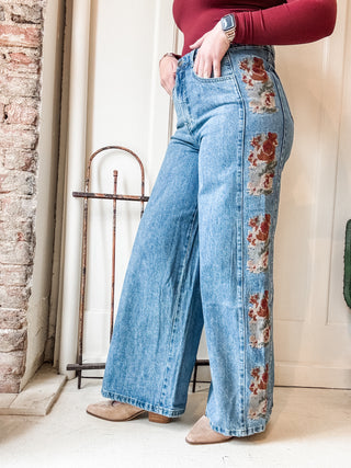 Floral Embroidered Wide Leg Jeans