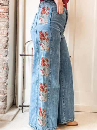 Floral Embroidered Wide Leg Jeans