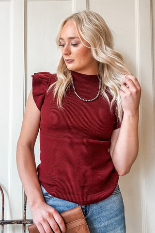 Ruffle Sleeve Rib Knit Top