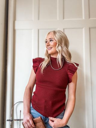 Ruffle Sleeve Rib Knit Top