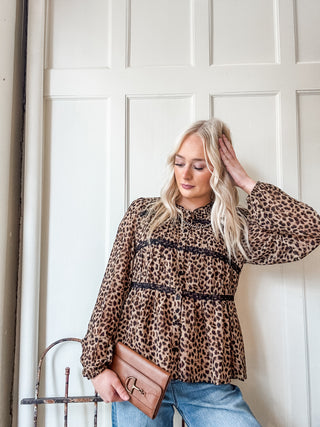 Leopard Print Lace Trim Blouse