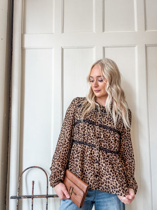 Leopard Print Lace Trim Blouse
