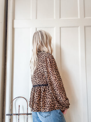 Leopard Print Lace Trim Blouse