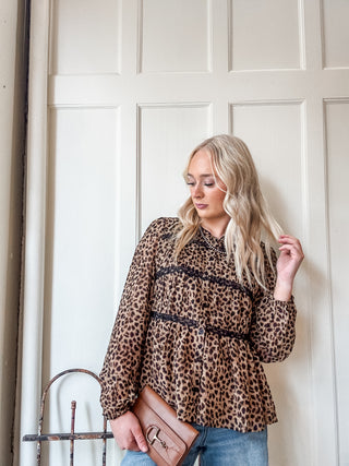 Leopard Print Lace Trim Blouse