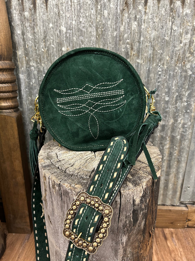 Green Suede Circle Tote with Tassels & Cream Stitching