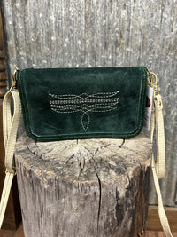 Green Suede Clutch Bag with Cream Bootstitch & Brass Hardware