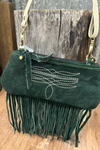 Small Green Suede Clutch with Cream Bootstitch