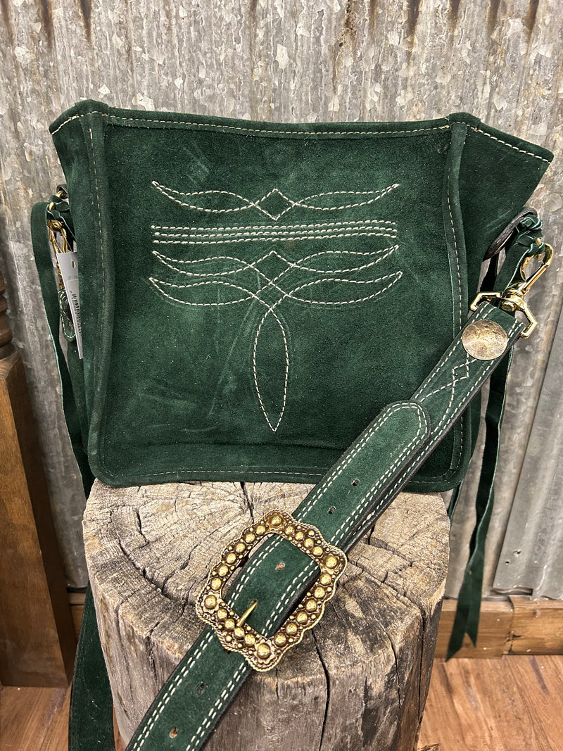 Green Suede Tote with Cream Bootstitch