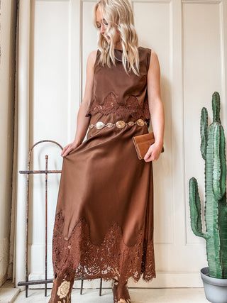 Stretch Satin Lace Trim Maxi Skirt