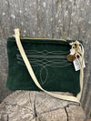 Green Suede Medium Clutch with Cream Bootstitch and Eggshell Adjustable Strap