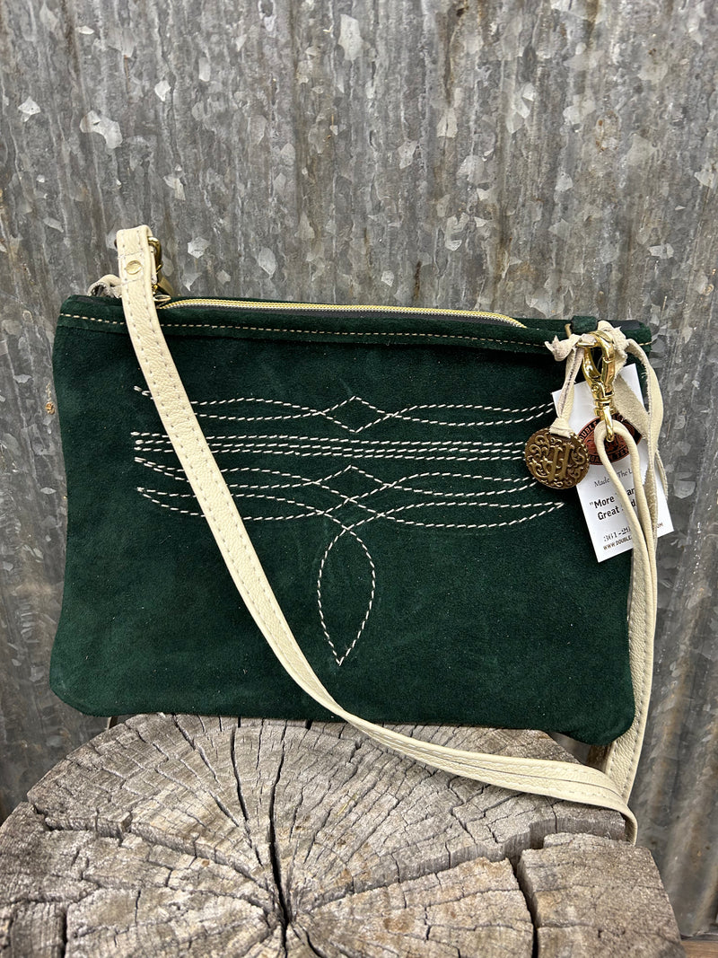 Green Suede Medium Clutch with Cream Bootstitch and Eggshell Adjustable Strap