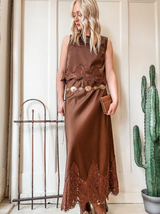 Stretch Satin Lace Trim Maxi Skirt