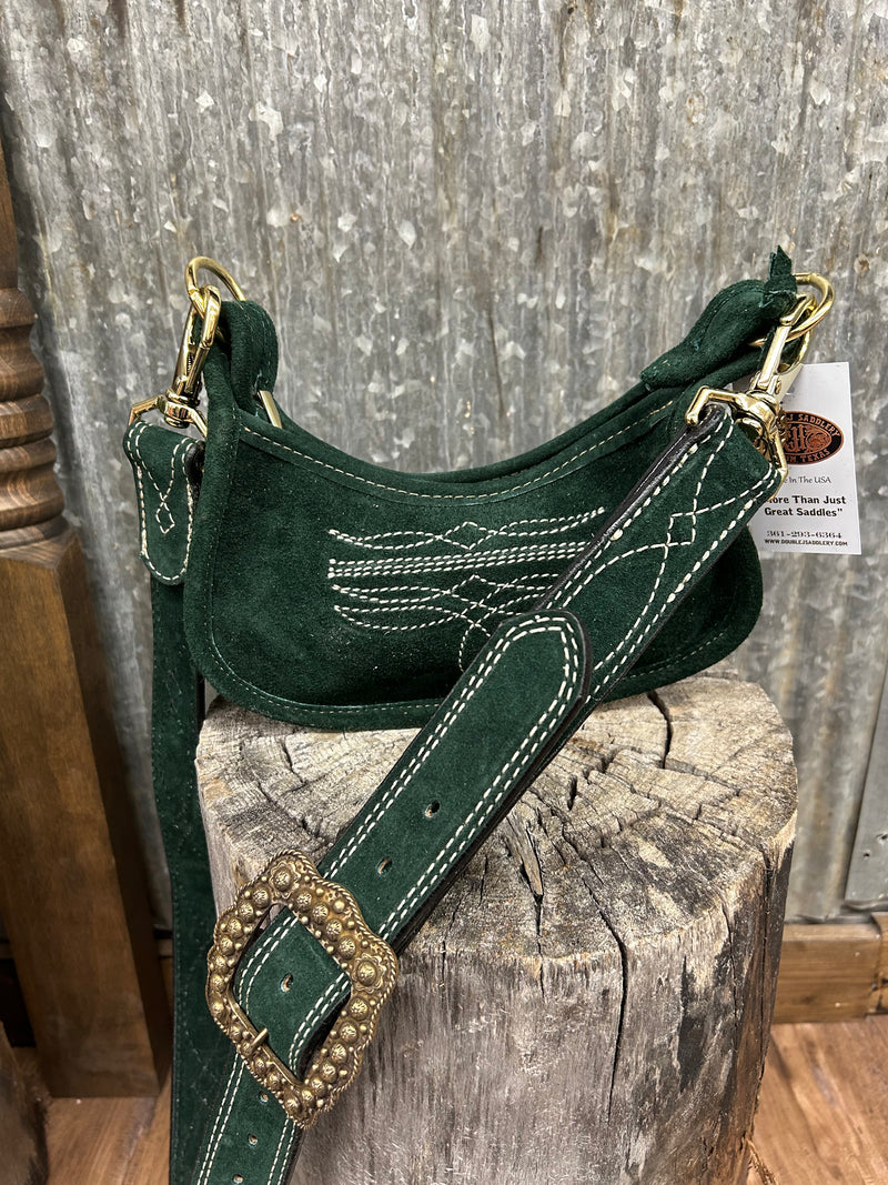 Green Suede Double J Purse with Cream Bootstitch