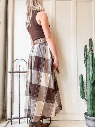 Mock Neck Mixed Media Plaid Midi Dress