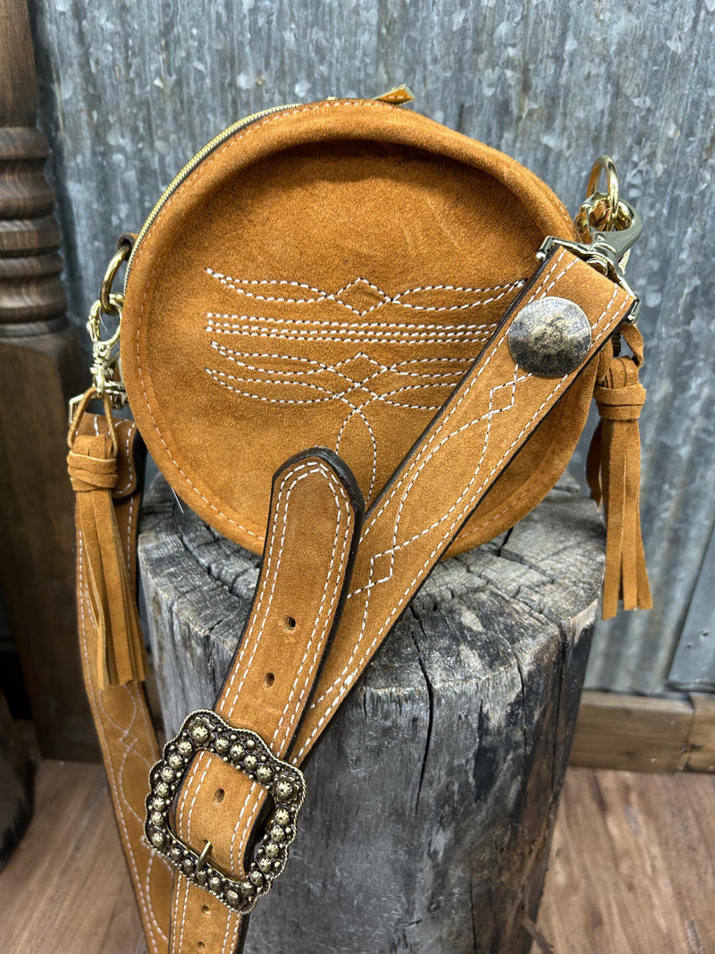 Toast Suede Circle Tote with Brass Hardware