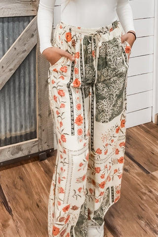 Patchwork Floral Wide Leg Pants