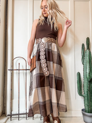 Mock Neck Mixed Media Plaid Midi Dress