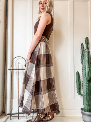Mock Neck Mixed Media Plaid Midi Dress