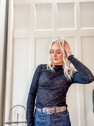 Stretch Floral Lace Mock Neck Top