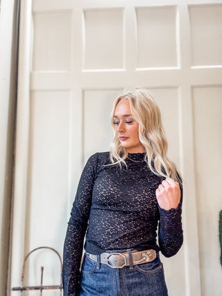 Stretch Floral Lace Mock Neck Top