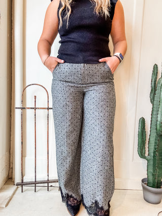 Heart Dot Lace Trim Wide Leg Pants