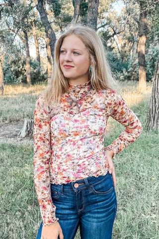Taupe Floral Mesh Print Mock Neck Top