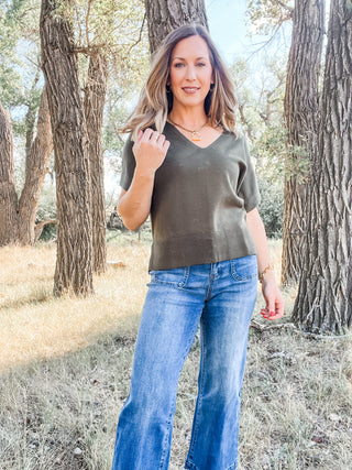 Short Sleeve V-Neck Dolman Sweater