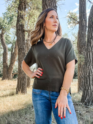 Short Sleeve V-Neck Dolman Sweater