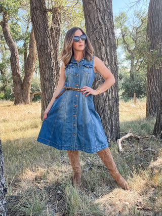 Flowy Denim Dress with Inserts + Pockets