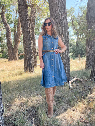 Flowy Denim Dress with Inserts + Pockets