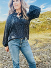 Midnight Navy Smocked V-Neck Blouse