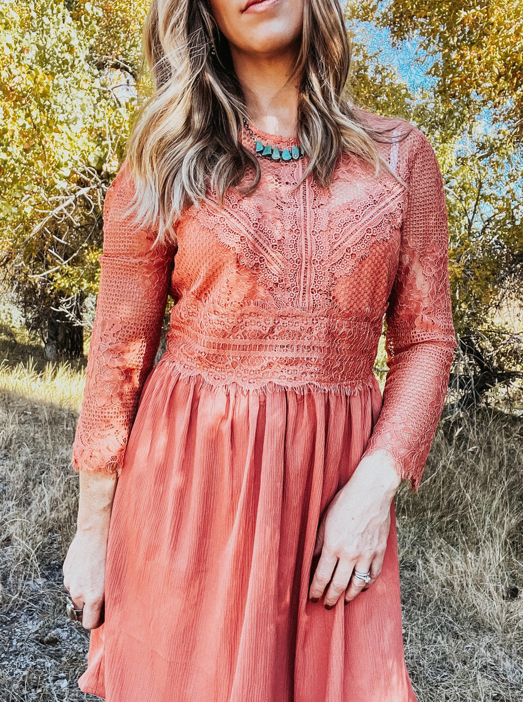 Persimmon Lace Sleeve Dress