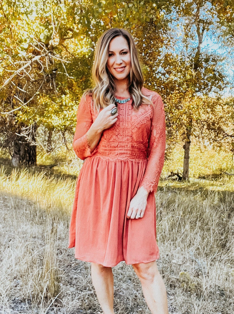 Persimmon Lace Sleeve Dress