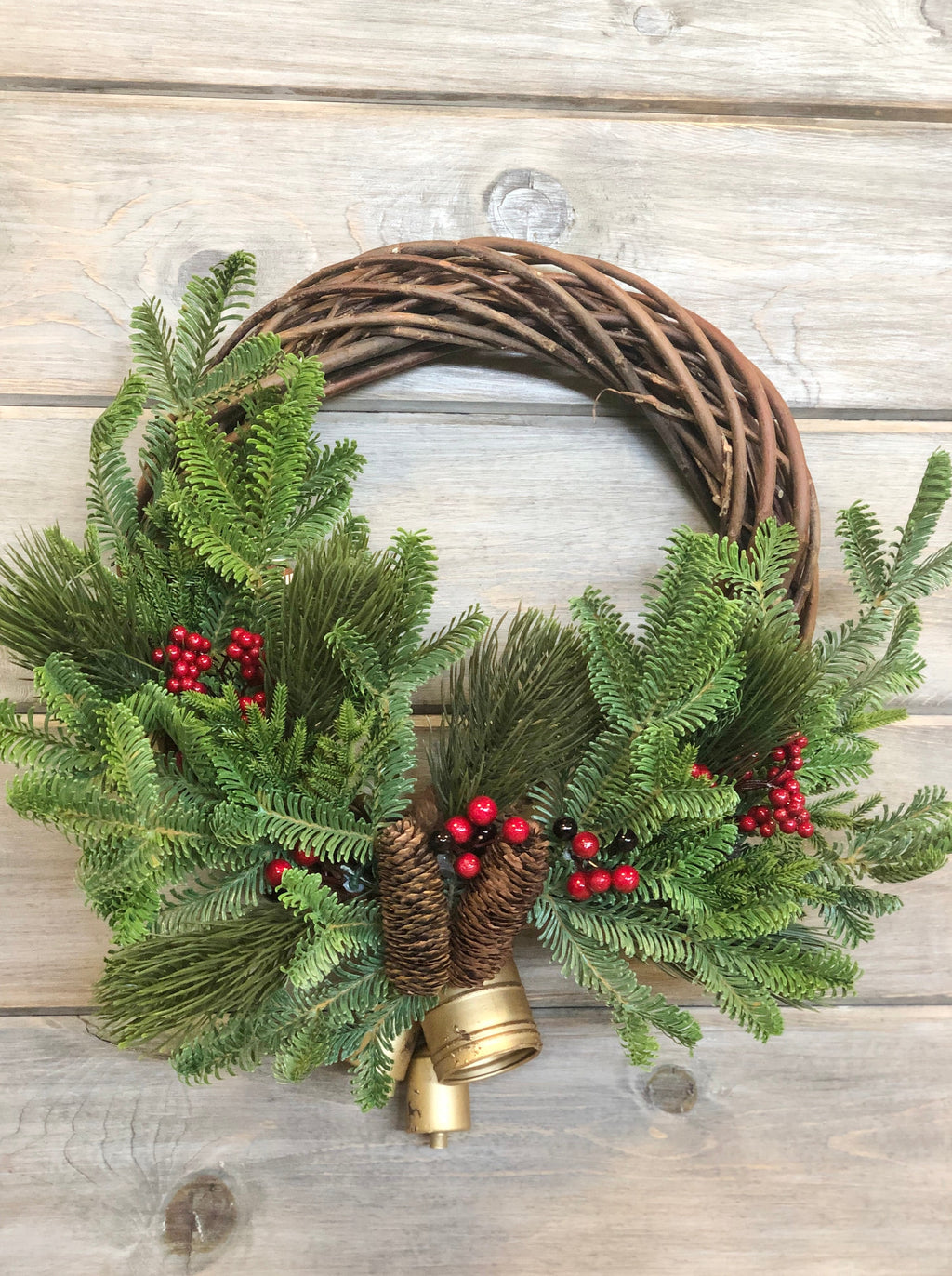 Pine & Red Berry Wreath with Brass Bells