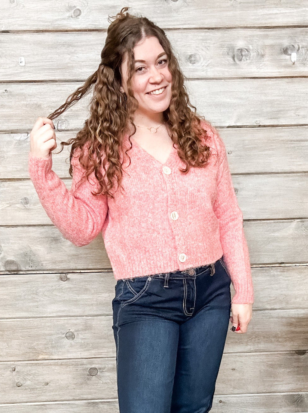 Pink Cropped Cardigan with Ivory Buttons