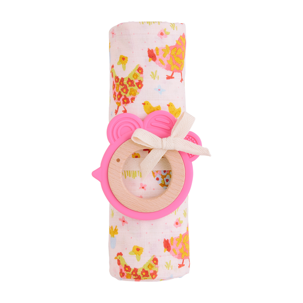 Pink Farm Swaddle & Teether Set