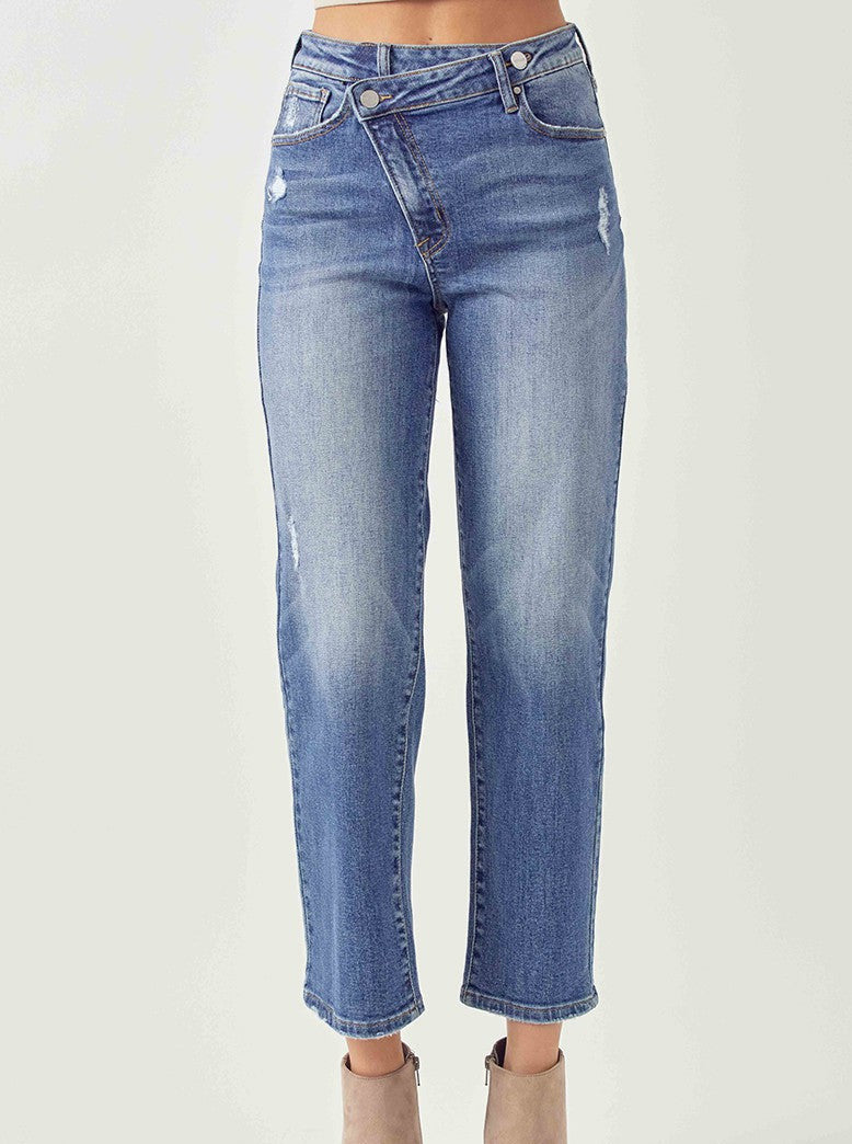 Risen Medium Wash Asymmetrical Button Front Jeans